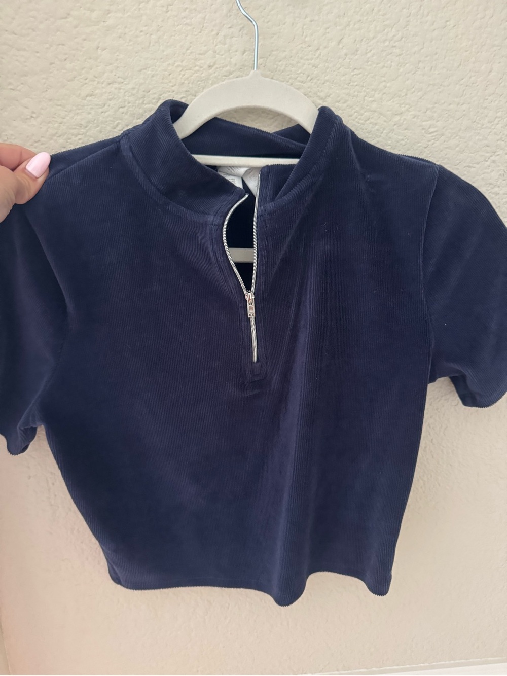 ALO Yoga Navy Blue Corduroy Short-Sleeve Zip Top